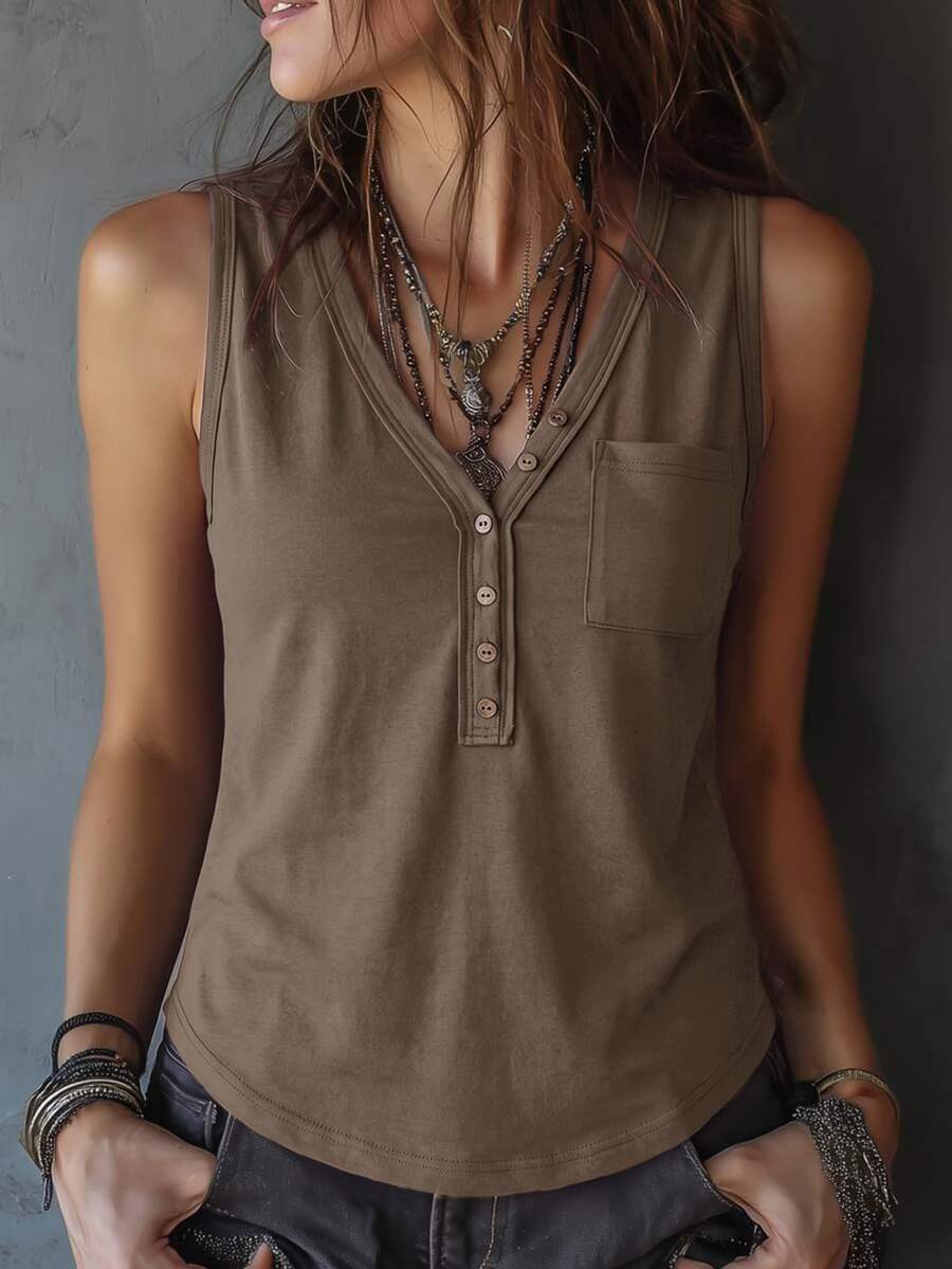Solivie Half Button Patched Pocket Tank Top - Coffee Brown - View 1