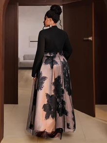 Maweii Gaun Overlay Jala Motif Bunga Plus untuk Musim Gugur - Hitam - View 5
