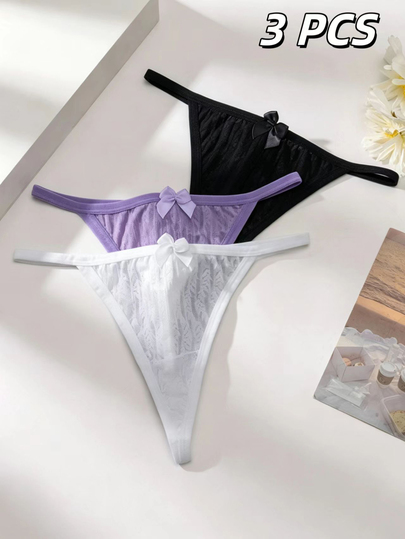 SHEIN 3Pcs Lace Thong Panties For Women Sexy Low Rise T Back Underwear Bow Detail Breathable Seamless Comfortable Hipster Briefs Daily Intimates Set