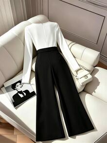 SHEIN Franclia Square Neck Contrast Trim Wide Leg Jumpsuit With Belt - Black - View 2