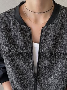 FRIFUL Gray Print Drop Shoulder Bomber Jacket Office Business Autumn Casual Elegant - Grey - View 7
