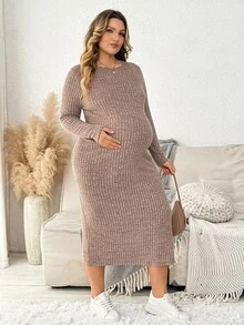Plussiva Plus Size Maternity Split Thigh Ribbed Knit Dress - Brown - View 3
