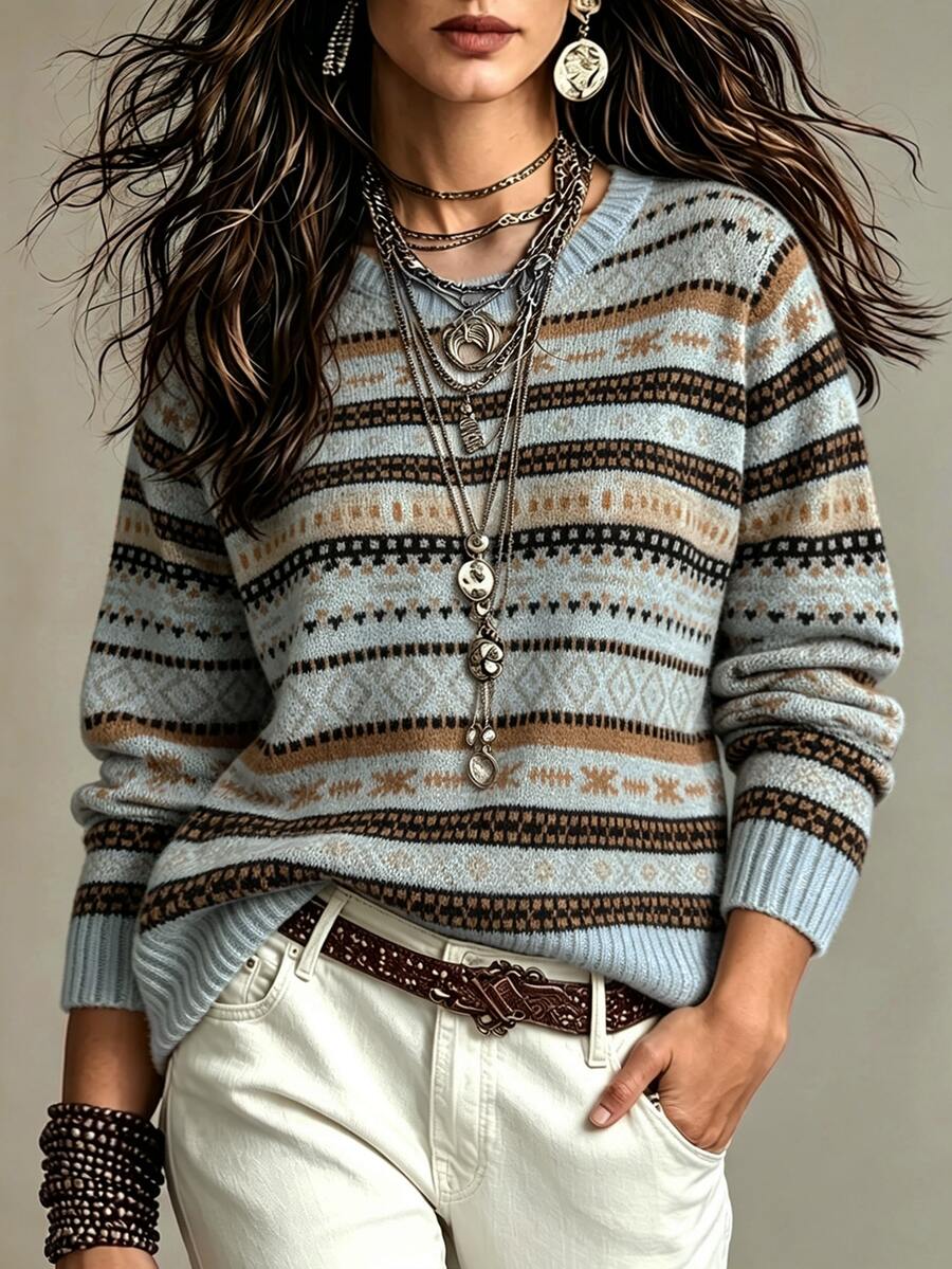 Linhara CURVE Plus Geo Pattern Sweater - Blue - View 1