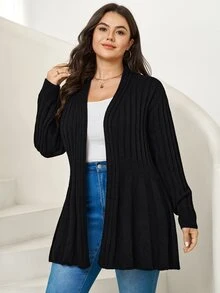 Comfylo Cardigan de talla grande de color sólido con frente abierto - Negro - Ver 3