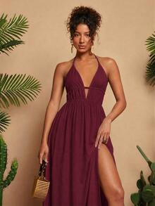 Travachic Tie Backless Split Thigh Halter Dress - Redwood - View 3