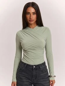 SHEIN BAE 秋冬淺綠色裹身V領抓皺腰身緊身長袖連體衣 感恩節聖誕節新年約會休閒穿搭 - 綠色 - 查看 6