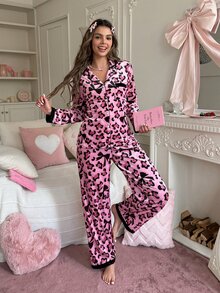 SweetSlumber Conjunto de Pijama com Estampa de Leopardo e Debrum Contrastante - Rosa chiclete - Visão 3