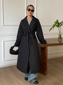 DAZY Lapel Neck Slant Pocket Belted Quilted Coat Jacket - Black - View 7