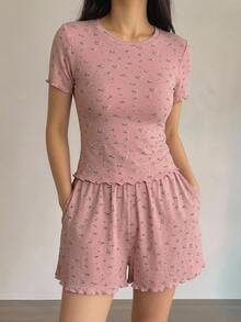 DAZY Ditsy Floral Lettuce Trim PJ Set - Pink - View 6