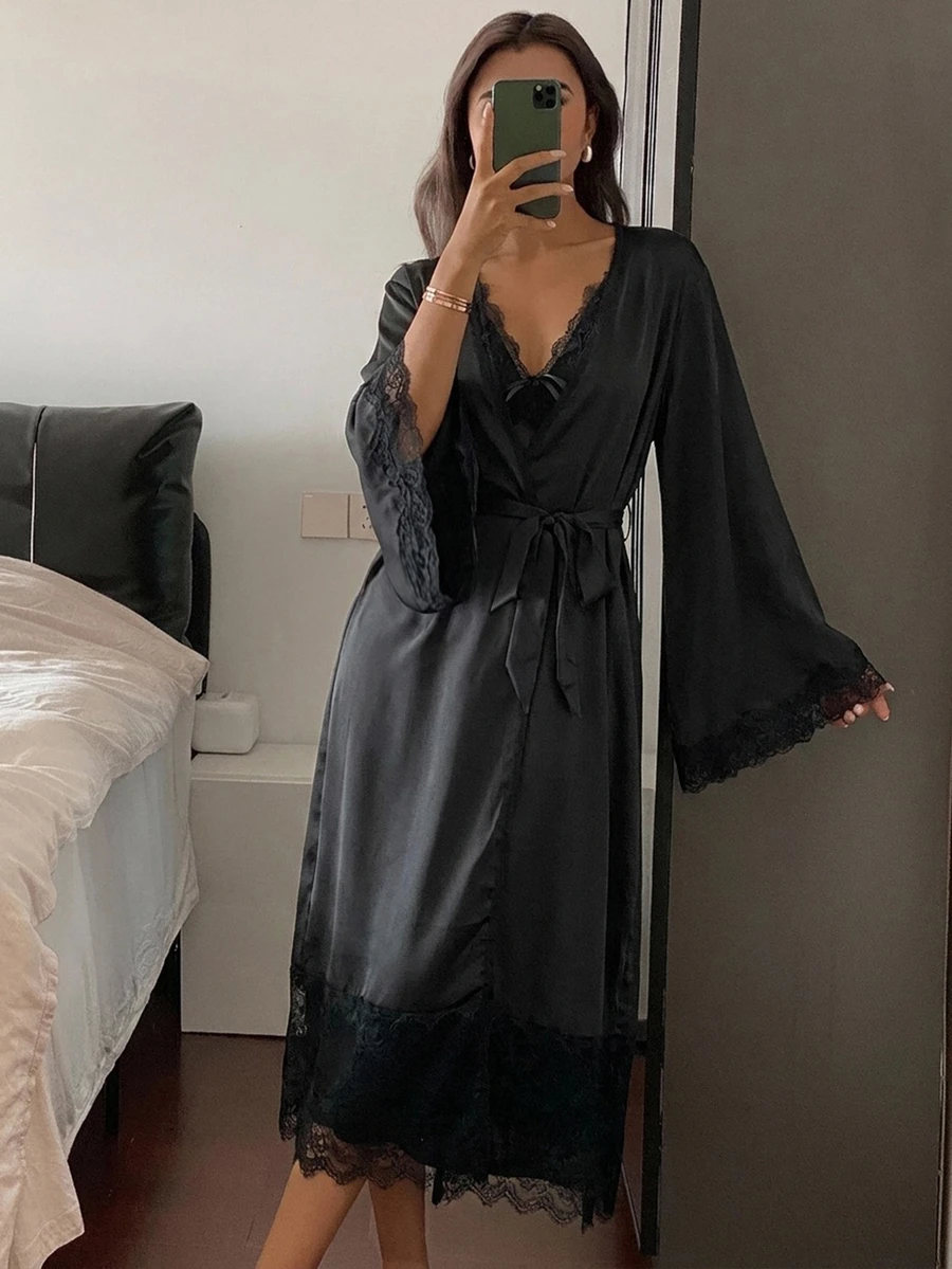 DAZY Contrast Lace Cami Sleep Dress & Robe PJ Set - Black - View 1