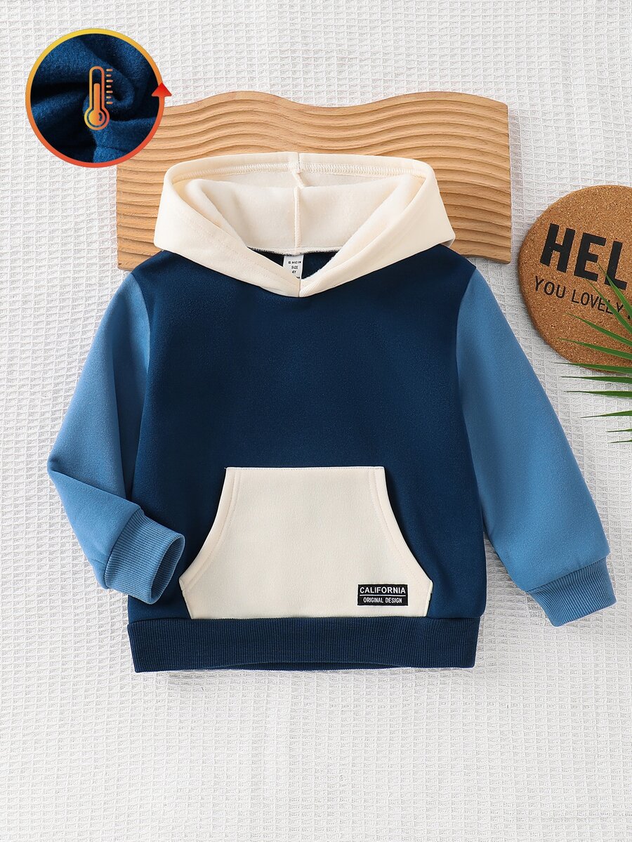 SHEIN Kids Young Boy Letter Patched Detail Kangaroo Pocket Autumn Sweatshirt - Multicolor - View 1