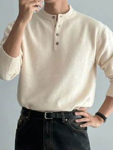 DAZY Men Solid Half Button Sweater Fall - White - View 6