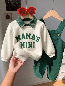 SHEIN 男嬰字母圖案 2 合 1 秋冬衛衣與燈芯絨吊帶連身褲套裝 - 彩色 - 查看 3