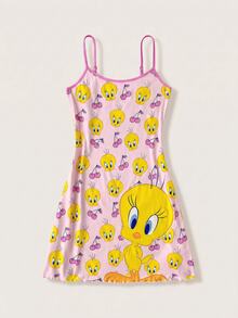 LOONEY TUNES X SHEIN Cartoon Graphic Contrast Binding Cami Sleep Dress - Pink - View 1