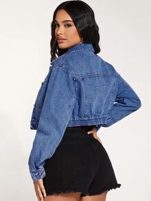 Slaydiva Jaket Denim Crop dengan Bahu Jatuh - Biru - View 2