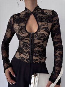 Firerie Hook And Eye Front Lace Top - Black - View 2