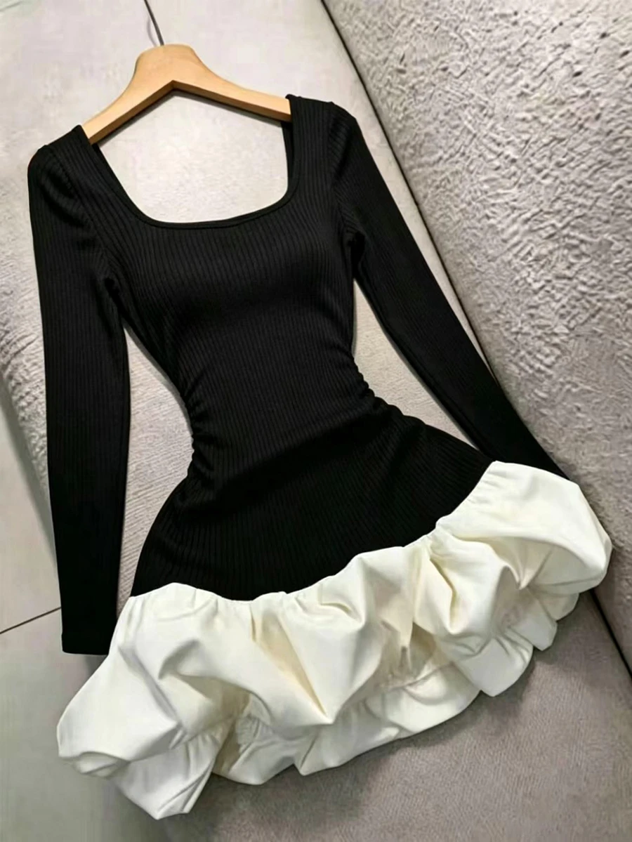 SHEIN Franclia Square Neck Colorblock Bubble Ruffle Hem Mini Dress - Black - View 1