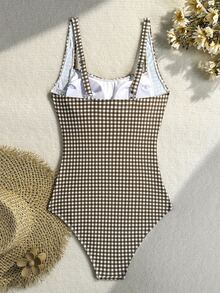 SHEIN Swim 棕色抓皺連身泳衣，海灘度假夏季歐風熱帶風 - 棕色 - 查看 2