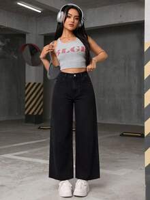 Jeanoix Plus High Waist Wide Leg Jeans - Black - View 5