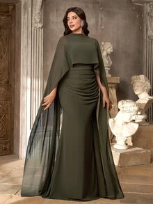Aureia Plus Mock Neck Cloak Sleeve Ruched Waist Mermaid Hem Formal Dress - Army Green - View 7