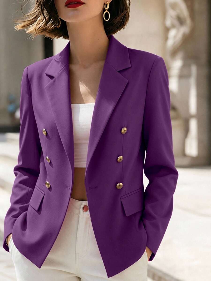 SHEIN 純色雙排扣翻蓋裝飾輕便西裝外套 - 紫色 - 查看 1