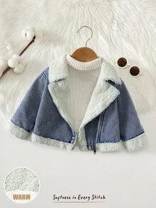 Cozy Pixies 女嬰泰迪絨內裡拉鍊機車夾克 - 藍色 - 查看 7