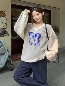 DAZY Sweatshirt Longgar Model Bahu Jatuh dengan Grafis Huruf dan Angka untuk Musim Gugur - Grey - View 7