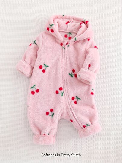 Cozy Pixies Bộ jumpsuit lông xù có mũ kéo khóa in họa tiết anh đào cho bé gái