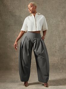 Vixey Solid Slant Pocket Fold Pleated Tapered Pants - Grey - View 2