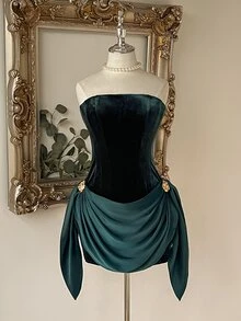 Lovelzi Two Tone Ruched Side Tube Cocktail Dress - Dark Green - View 2