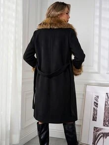Lavishia Contrast Fuzzy Double Breasted Belted Overcoat - Multicolor - View 3