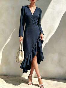 SHEIN Surplice Neck Ruffle Hem Wrap Dress - Navy Blue - View 3
