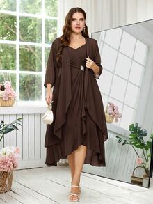 Reflora Vestido de tirantes con detalle de strass & Abrigo de frente abierto - Café integral - Ver 3