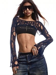 LYSMO Sexy Solid Ripped Super Crop Sweater Without Tube Top - Navy Blue - View 6