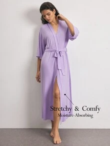 Ocili Drop Shoulder Belted Lounge Robe - Mauve Purple - View 1