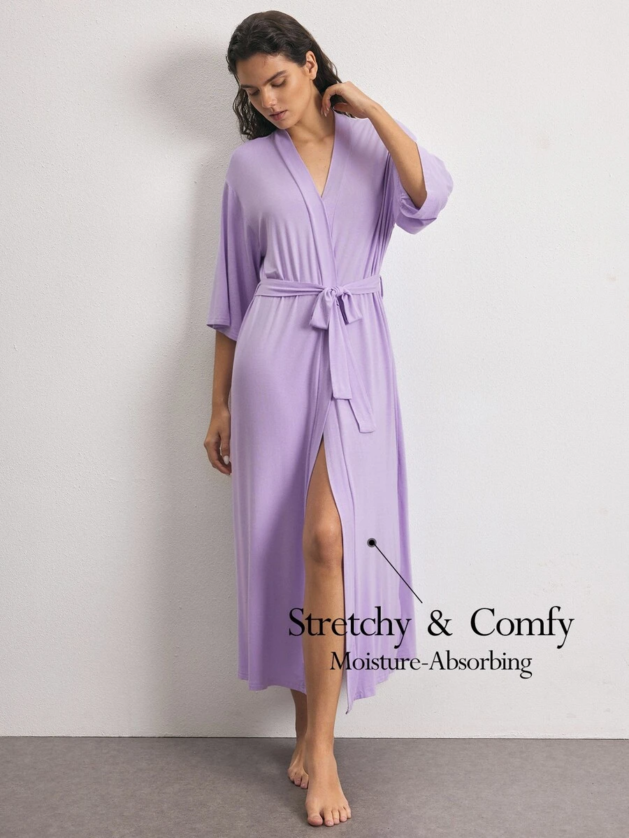 Ocili Drop Shoulder Belted Lounge Robe - Mauve Purple - View 1