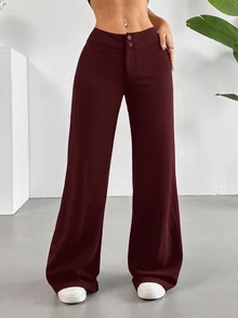 SHEIN Tall CURVE 大尺碼純色寬腿長褲 - 酒紅色 - 查看 5