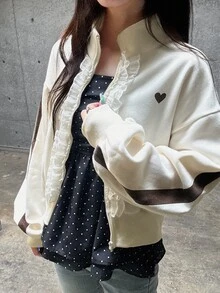 FRIFUL Sweatshirt Bermotif Hati dengan Hiasan Ruffle, Bahu Longgar, dan Resleting, Cocok untuk Musim Gugur, Sehari-hari di Sekolah, Warna Putih Gading, Lucu, dan Romantis. - Aprikot - View 4