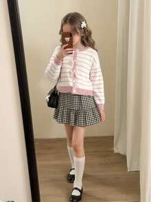 SHEIN 女童條紋圖案落肩蝴蝶結前襟開襟衫 - 粉色 - 查看 9