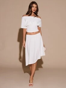 SHEIN BAE Atasan Crop Tanpa Bahu & Rok dengan Hem Asimetris - Putih - View 1