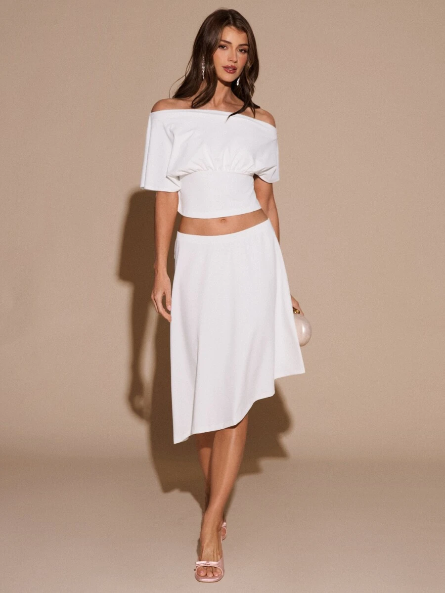 SHEIN BAE Atasan Crop Tanpa Bahu & Rok dengan Hem Asimetris - Putih - View 1