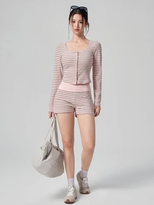 DAZY Striped Print Button Front Sports Set - Pink - View 3