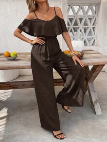 SHEIN Clasi Cold Shoulder Ruffle Trim Wide Leg Jumpsuit - Coffee Brown - View 6