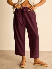 Freevana Pantalones de pierna ancha de color sólido talla grande - Rojo violeta - Ver 5