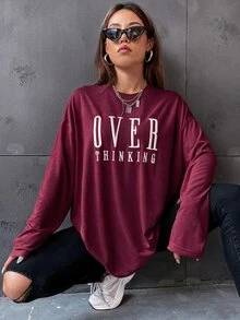 SHEIN LUNE 字母圖案落肩寬鬆版型T恤 - 紫色 - 查看 3