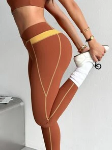 SHEIN Core Rhythm Contrast Panel Top-Stitching Wideband Waist Sports Leggings - Orange - View 4