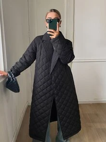 DAZY Lapel Neck Slant Pocket Belted Quilted Coat Jacket - Black - View 5