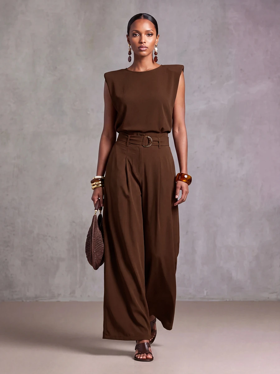 Zivah Shoulder Pad Tank Top & Belted Wide Leg Pants - Brown - View 1