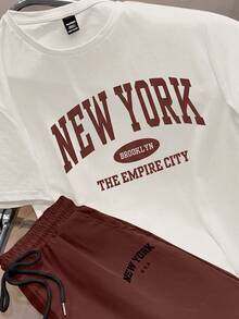 Manfinity Joysei Camiseta con gráfico de letras & Pantalones cortos con cintura de cordón para hombre - Marrón - Ver 2