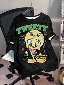 LOONEY TUNES X SHEIN Plus Size Cartoon & Letter Graphic Washed Tee - White - View 7